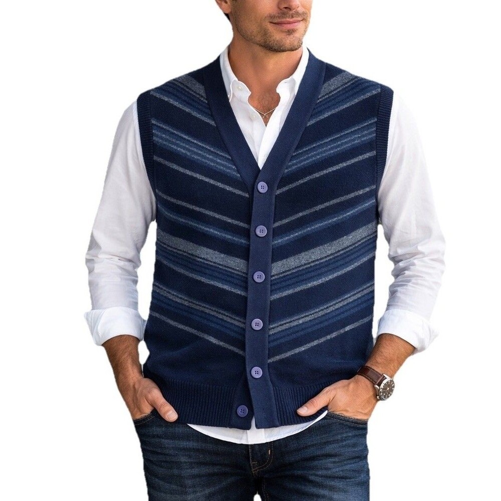 Bonanza Wool Sweater Vest Mens 40 Medium Navy Striped Button Front Vintage Read
